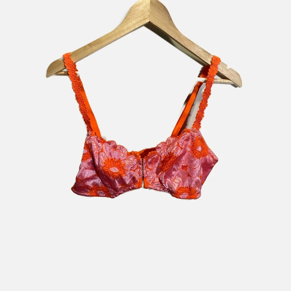 Savage X‎ Fenty Poppies Floral Lace Bralette Orange Pink Unlined Bra XL